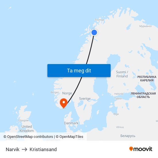 Narvik to Kristiansand map