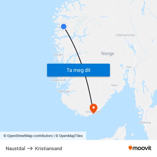 Naustdal to Kristiansand map