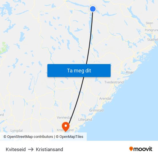 Kviteseid to Kristiansand map
