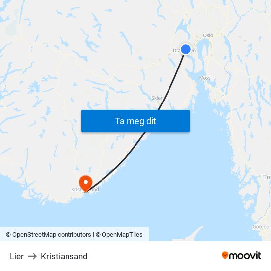 Lier to Kristiansand map