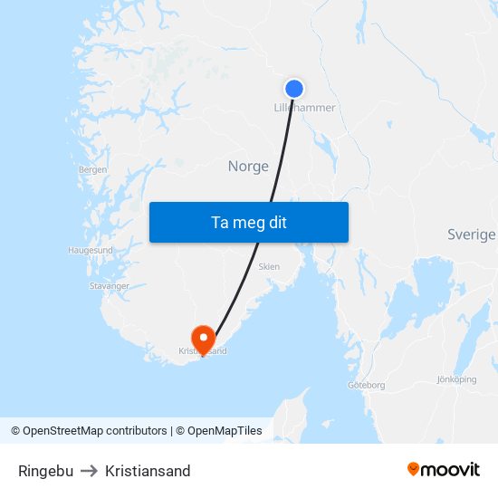 Ringebu to Kristiansand map