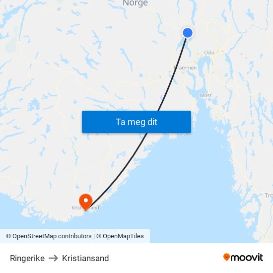 Ringerike to Kristiansand map