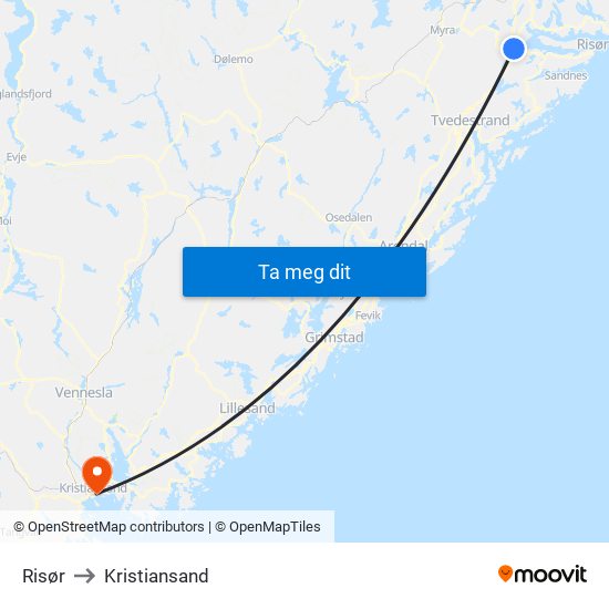 Risør to Kristiansand map