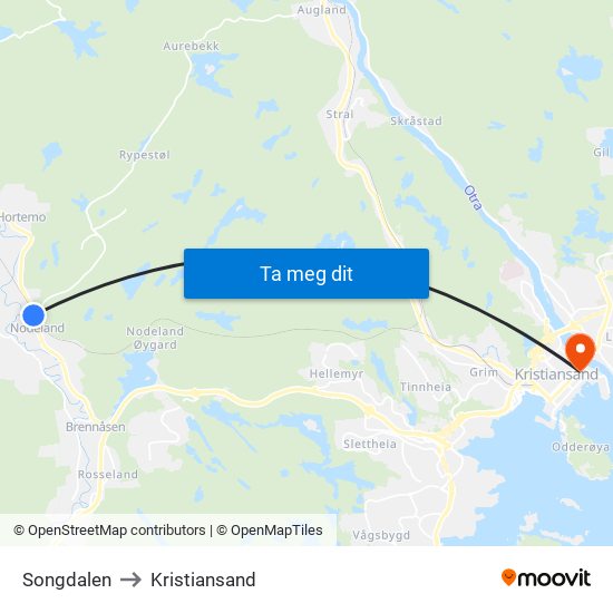 Songdalen to Kristiansand map