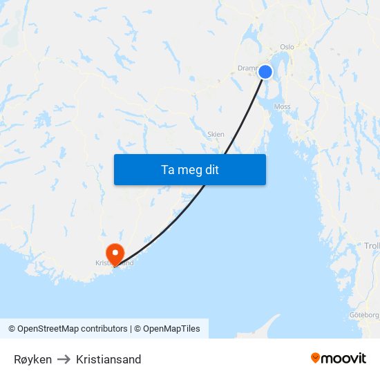 Røyken to Kristiansand map