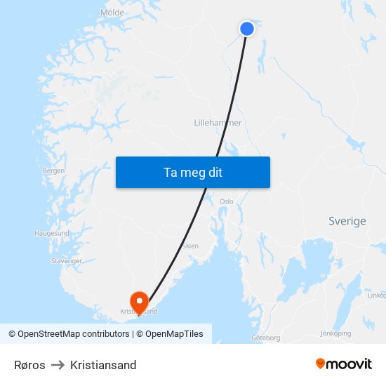 Røros to Kristiansand map
