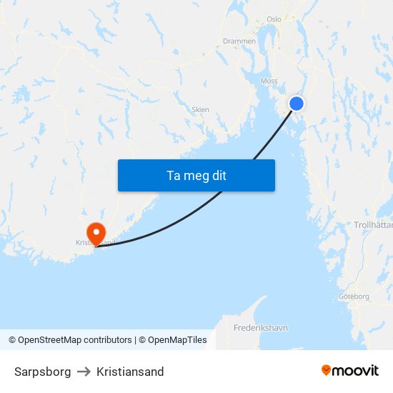 Sarpsborg to Kristiansand map