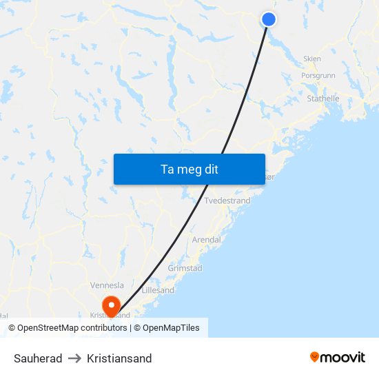 Sauherad to Kristiansand map