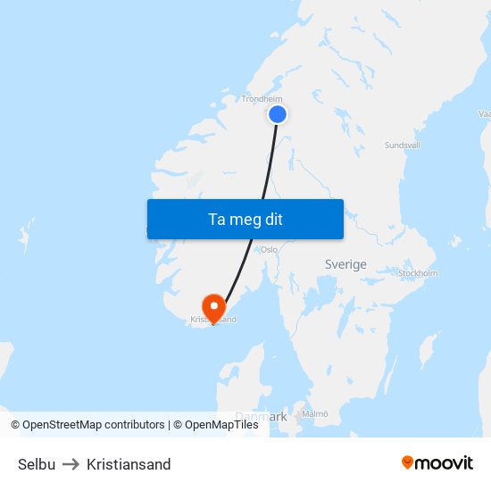 Selbu to Kristiansand map
