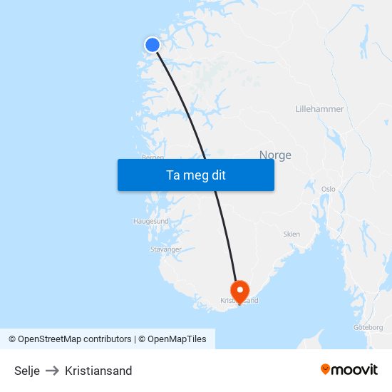 Selje to Kristiansand map