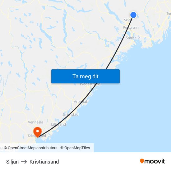 Siljan to Kristiansand map