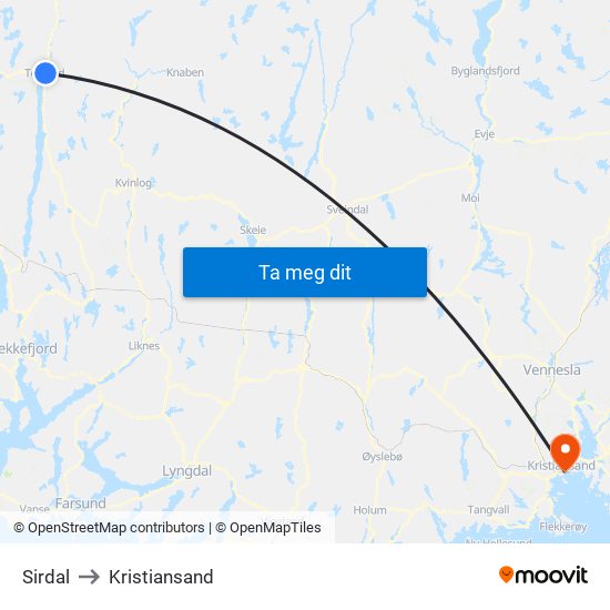 Sirdal to Kristiansand map