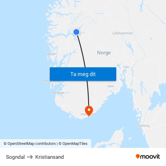 Sogndal to Kristiansand map