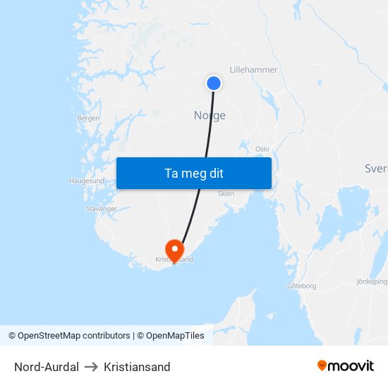 Nord-Aurdal to Kristiansand map