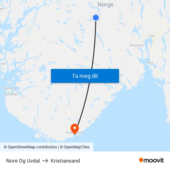 Nore Og Uvdal to Kristiansand map