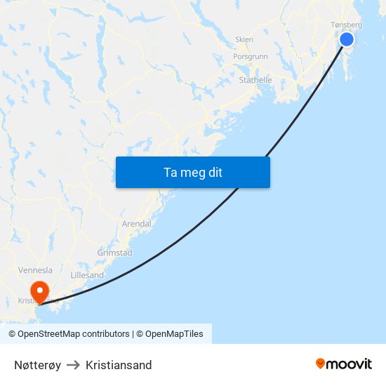 Nøtterøy to Kristiansand map