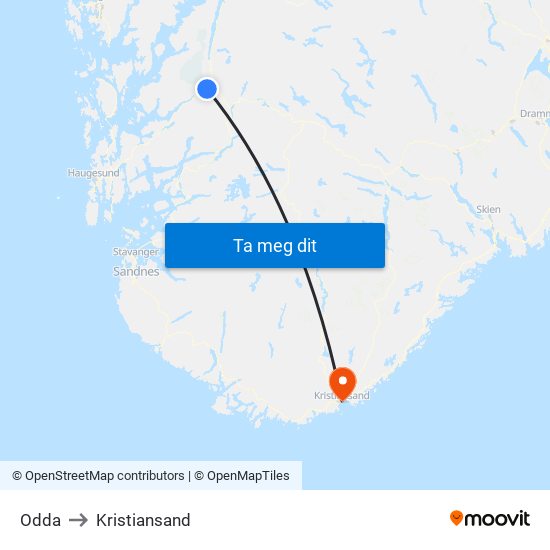 Odda to Kristiansand map