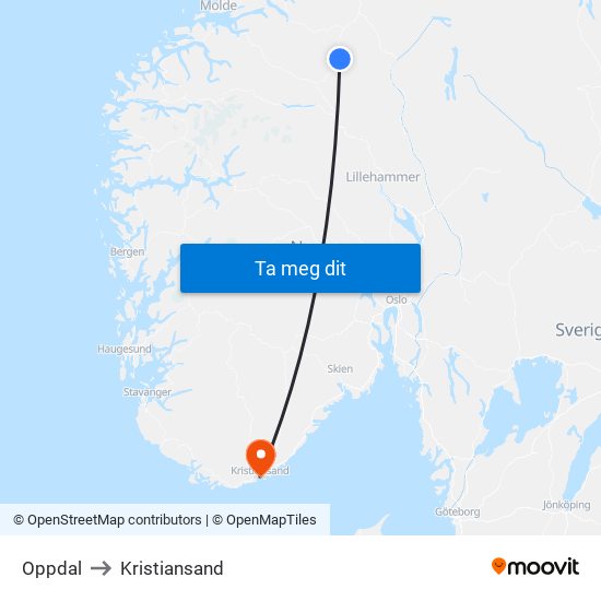 Oppdal to Kristiansand map