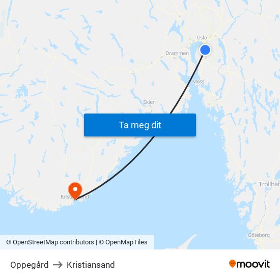 Oppegård to Kristiansand map