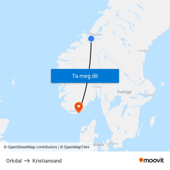 Orkdal to Kristiansand map