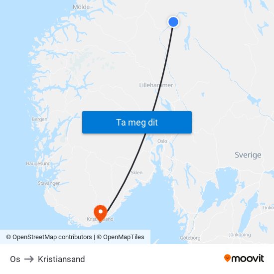 Os to Kristiansand map