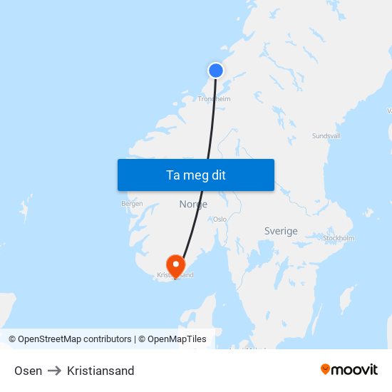 Osen to Kristiansand map