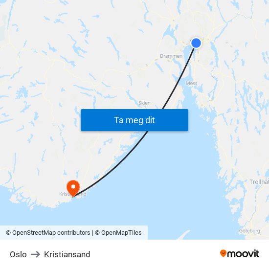 Oslo to Kristiansand map