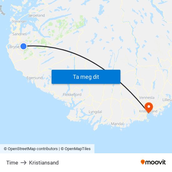 Time to Kristiansand map