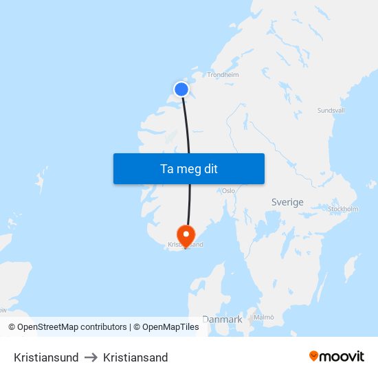 Kristiansund to Kristiansand map