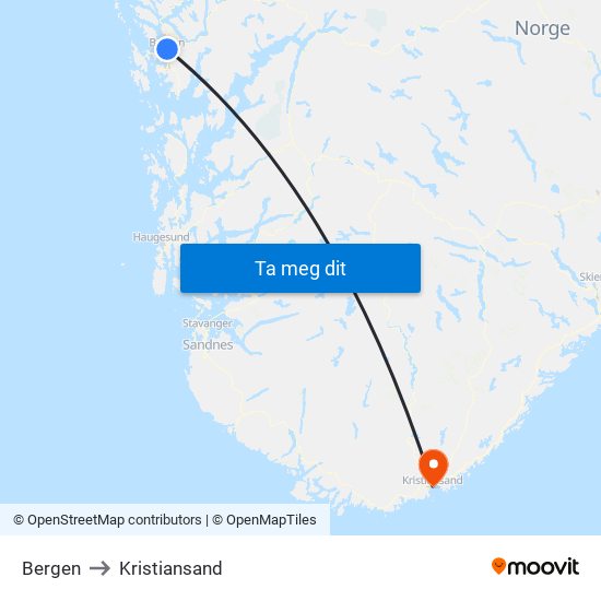 Bergen to Kristiansand map