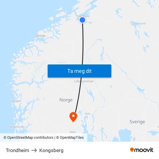 Trondheim to Kongsberg map