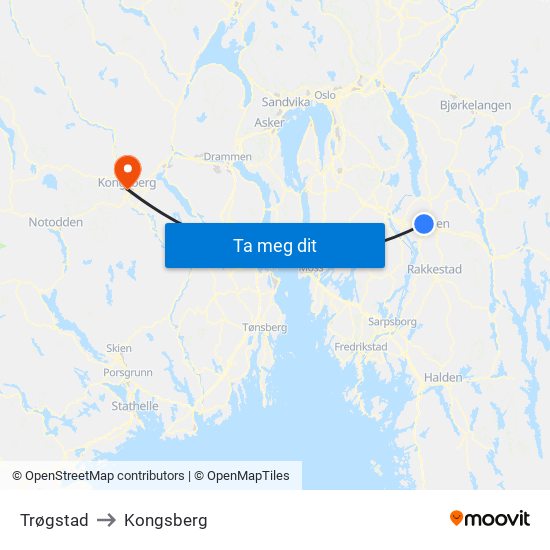 Trøgstad to Kongsberg map