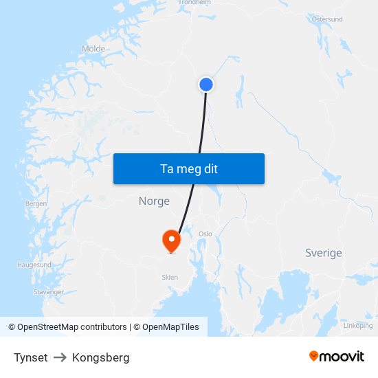 Tynset to Kongsberg map
