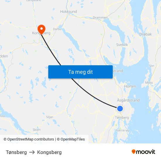 Tønsberg to Kongsberg map