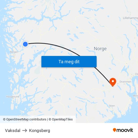 Vaksdal to Kongsberg map