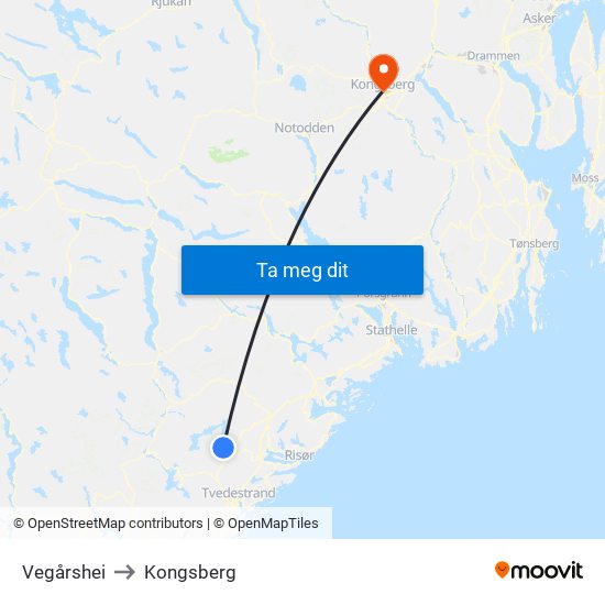 Vegårshei to Kongsberg map