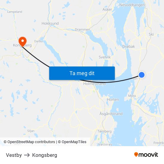 Vestby to Kongsberg map