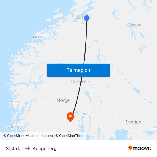 Stjørdal to Kongsberg map