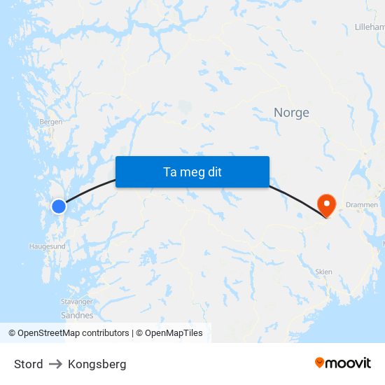 Stord to Kongsberg map