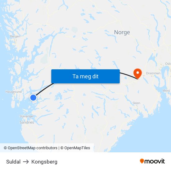 Suldal to Kongsberg map