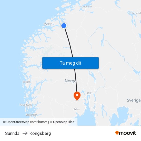 Sunndal to Kongsberg map