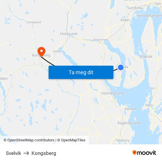 Svelvik to Kongsberg map