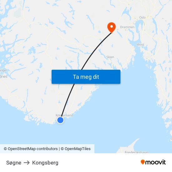 Søgne to Kongsberg map