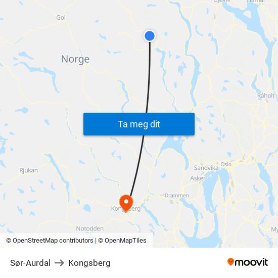 Sør-Aurdal to Kongsberg map