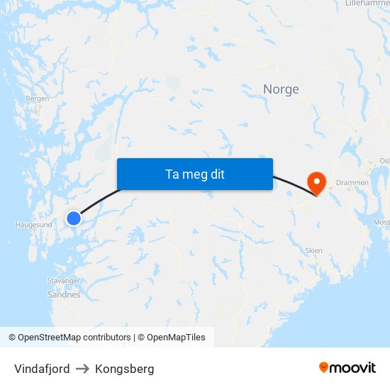 Vindafjord to Kongsberg map