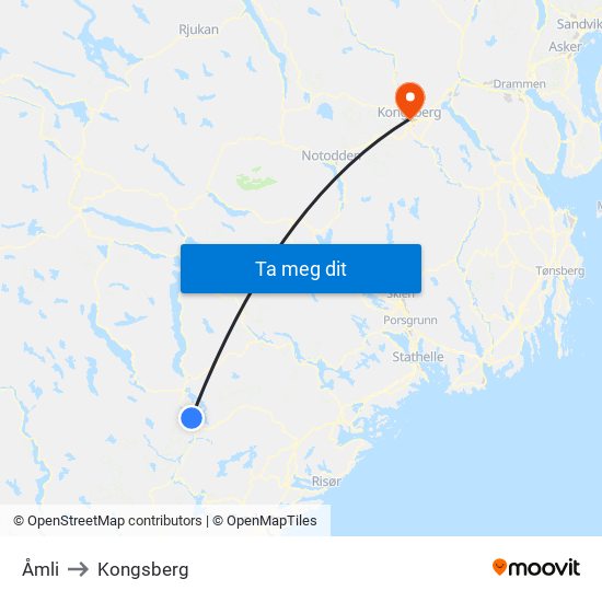 Åmli to Kongsberg map