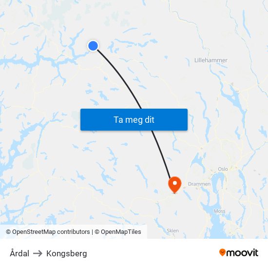 Årdal to Kongsberg map