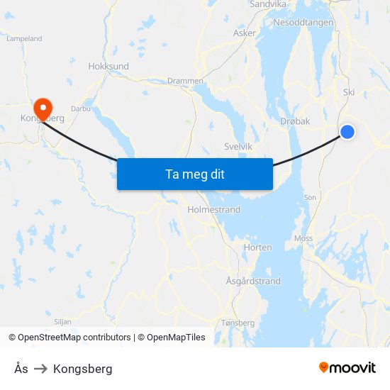 Ås to Kongsberg map