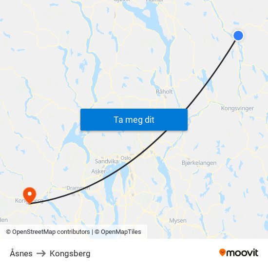 Åsnes to Kongsberg map