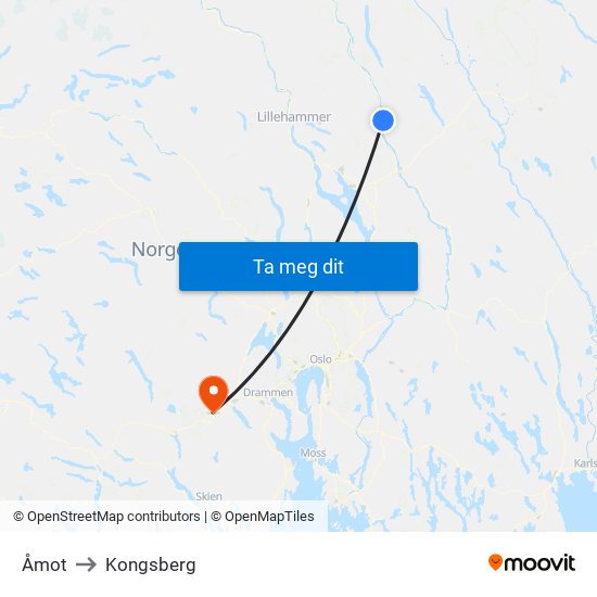 Åmot to Kongsberg map